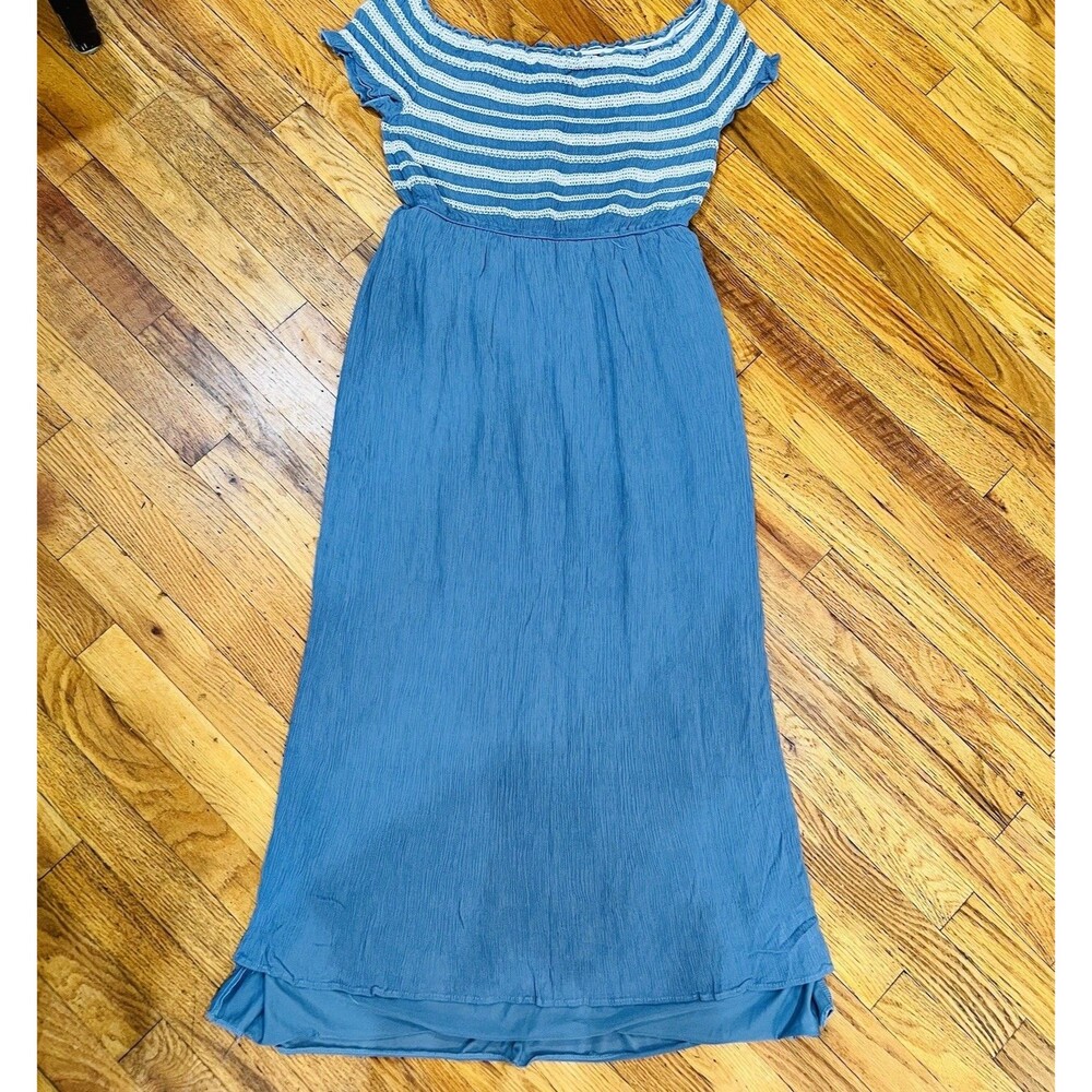 Tantrums Women's XL Blue Striped Smocked Bodice Off Shoulder Crinkle Maxi Dress
